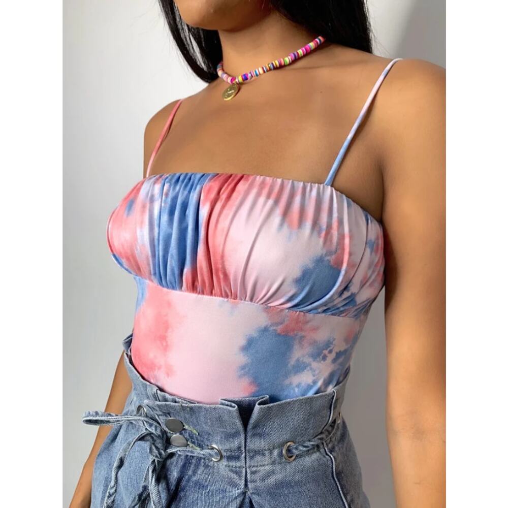NWT Peach Love Women’s‎ Full-Coverage Tie Dye Sleeveless Bodysuit Sz S Pink Blue
